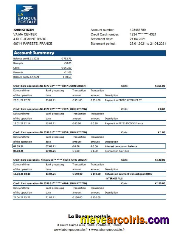 France La Banque Postale bank statement easy to fill in .xls and .pdf file format